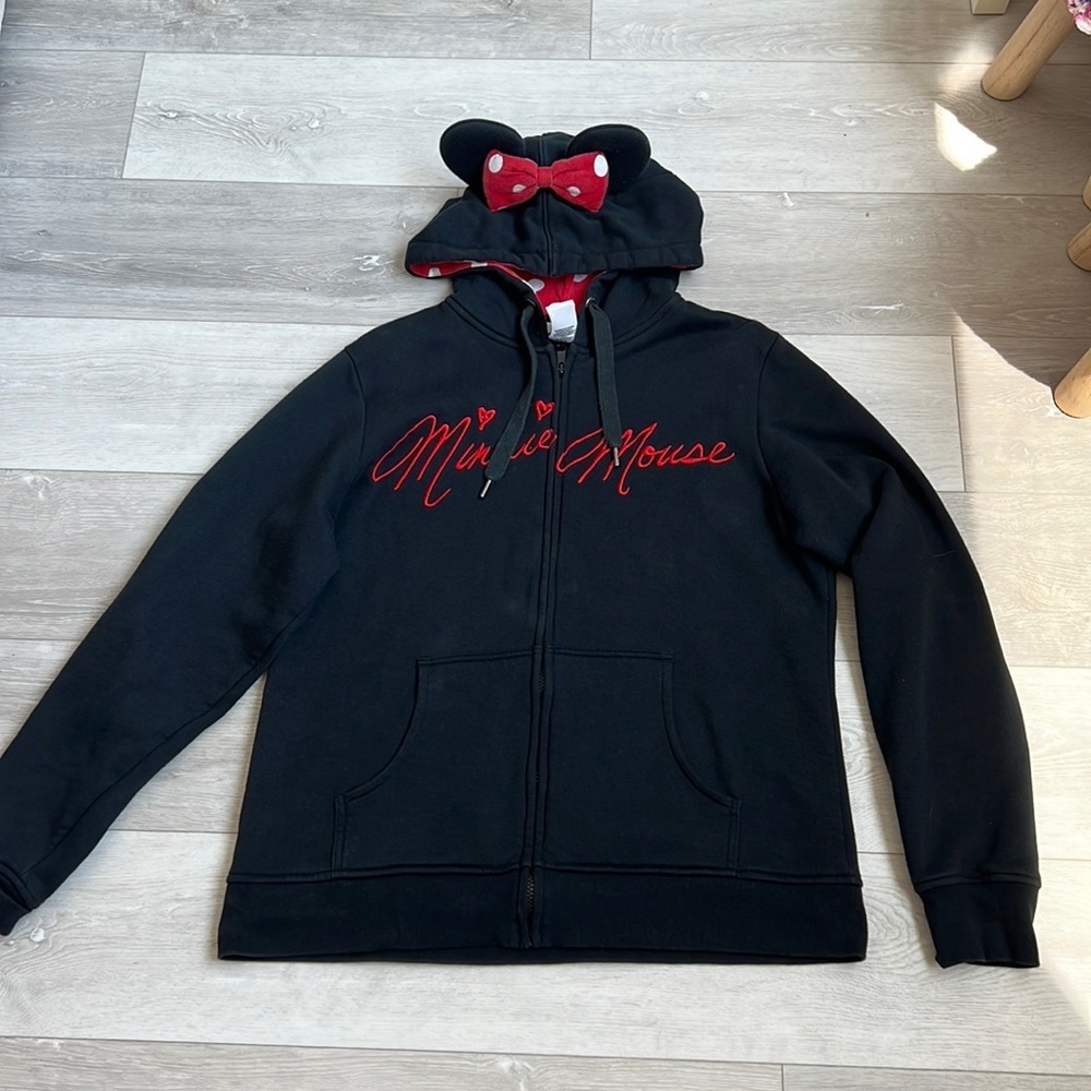 Disney Parks Minnie Mouse Zip Up Hoodie With Mouse Ears/Bow Black Jacket